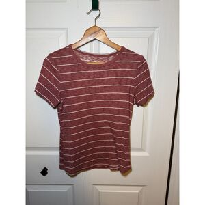 Women's Mauve Burgundy Striped Short Sleeve Knit Tee Size M 18" Pit to Pit